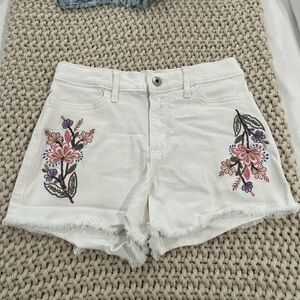 Abercrombie Kids Pink and White Floral Embroidered High Rise Relaxed Shorts